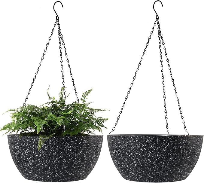 WOUSIWER 13 inch 2Pack Large Hanging Planters for Outdoor Indoor Plants with Drainage Holes and Chain, Round Hanging Flower Pots for Garden Home Porch Decor, Black Speckles WOUSIWER