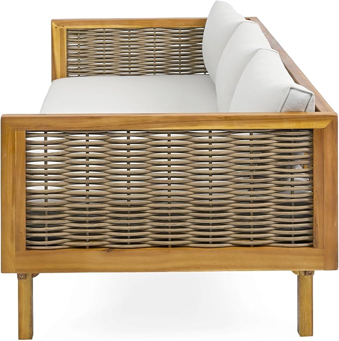 Merax 67.5" Outdoor Patio Daybed 3 Seater Sofa Bed,Acacia Wood Frame with Rattan Arm,Cushion & Pillow for Pool Merax