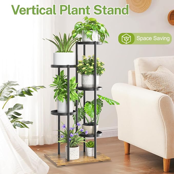 iDavosic.ly 5 Tier Plant Stand Indoor Outdoor, Tiered Corner Multiple Flower Pot Holder Shelf, Metal 37 Inch Tall Display Rack for Patio Porch Living Room Garden Balcony, Modern Black & Rustic Brown iDavosicly