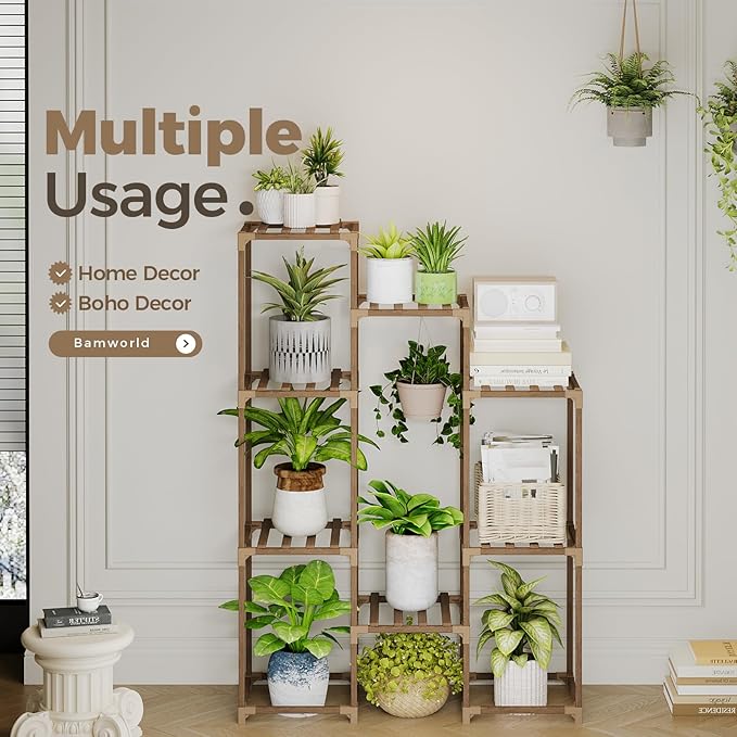 Bamworld Plant Stand Indoor Hanging Plants Shelf 7 Pots Tall Ladder Plant Holder Large Wood Flower Stand for Living Room Rack Multiple Plants for Patio Balcony Garden Bamworld