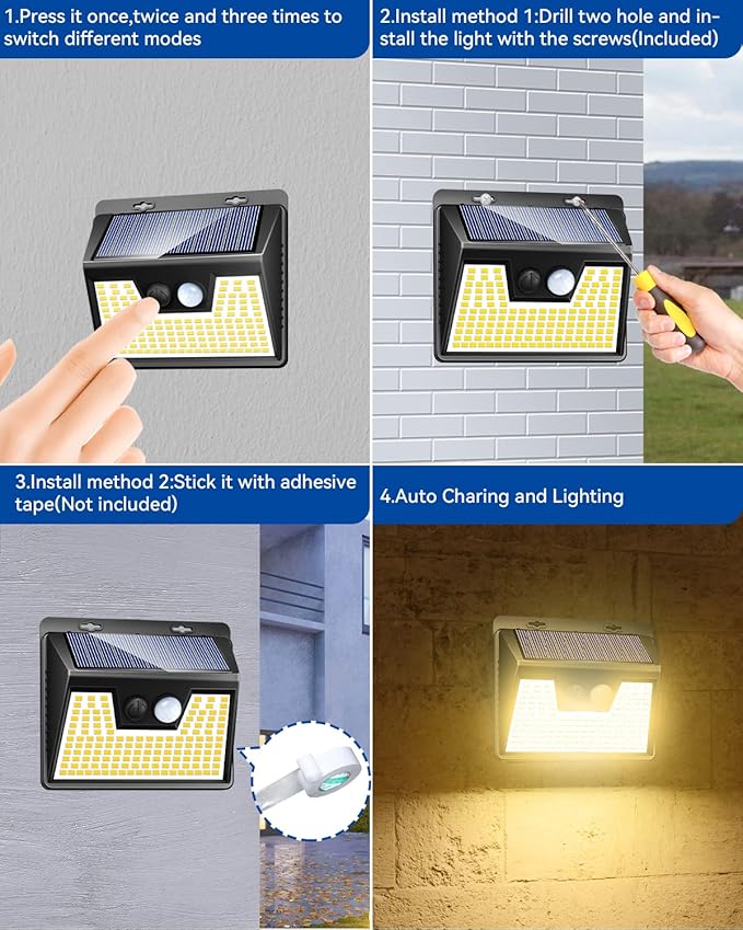 Peasur LED Solar Lights Outdoor Motion Sensor, 2 Packs Waterproof Solar Power Fence Security Lighting, 3 Mode Yard Deck Lamp for Wall Stairs Home Outside Warm White Peasur