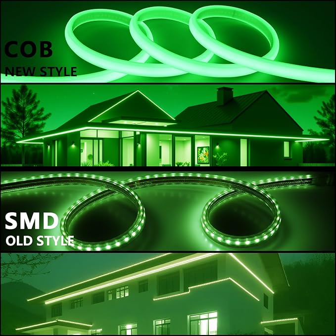 AC 110V COB LED Strip Lights Outdoor Waterproof 65.6ft, Green Super Bright 200W LED Rope Light, IP65 Flexible Cuttable, for Bedroom Garden Commercial House Gaming Room Decor BENLUN