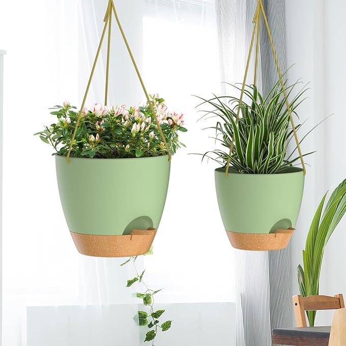 ZMTECH 10 Inch Hanging Planters for Indoor Outdoor Plants, 2 Pack Self Watering Hanging Plant Pots with Drainage Holes and Removable Saucer, Plastic Flower Hanging Pots with Watering Lip (Green) HighQualityGardeningTools