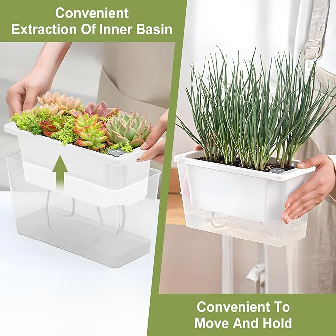 Window Box Planter, 3 Pack 10 Inch Plastic Self Watering Pots for Indoor Plants, Rectangular Flower Pots with Reservoir for Outdoor Indoor Plants Garden Home Decor - White Rootora