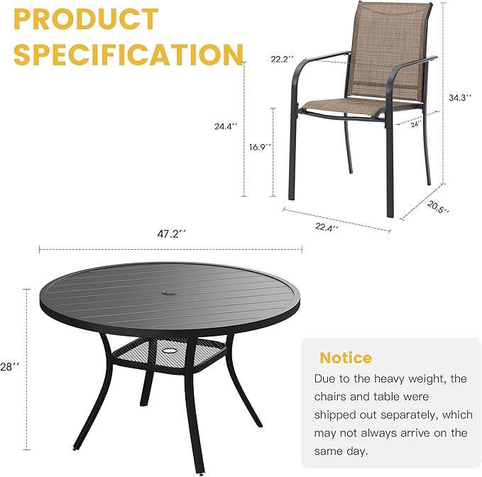 VICLLAX Patio Dining Set for 6, All Weather Metal Outdoor Furniture Set Includes 47" Round Patio Table and 6 Patio Stacking Chairs, Black Tabletop and Brown Fabric HOME