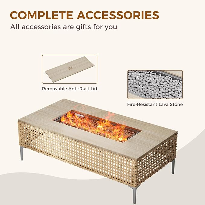 Grand patio 15-Piece Patio Furniture Set with 47" Fire Pit Table, Outdoor Conversation Set & 50,000 BTU 47 Inch Rectangle Propane Fire Pit & Storage Box with Water Resistant Thick Cushions, Cream GrandPatio