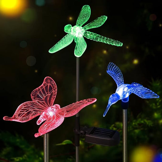 Solar Pathway Lights - 3 Pack Solar Stake Lights Outdoor, Color Changing Solar Powered Halloween Decorative Landscape Lighting Hummingbird Butterfly Dragonfly for Patio Yard Pathway Lawn Walkway OxyLED