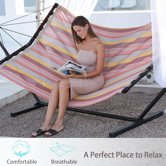 TegerDeger 12FT 2 Person Hammock Large Hammock Quick Dry 450LB Capacity with V Shaped Hardwood Spreader Bar & Nylon Rope for Outside, Patio, Garden, Backyard, Beach, Poolside - Coral Red Stripes Tegerdeger