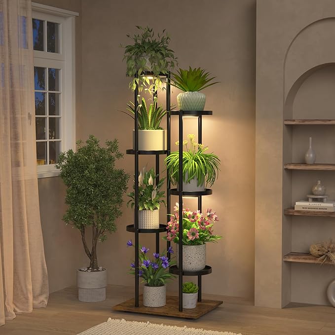 iDavosic.ly 6 Tier Plant Stand Indoor with Grow Lights, Tiered Corner Multiple Flower Pot Holder Shelf, Metal Tall Display Rack for Porch Living Room Balcony Bedroom, Modern Black & Rustic Brown iDavosicly