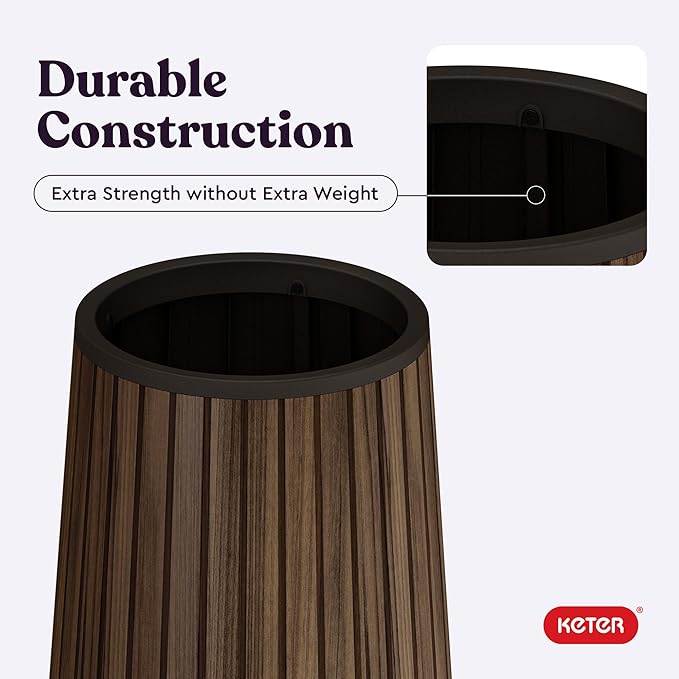 Keter Signature Conic 28.5 Inch Tall Round Large Wood Look Planter for Indoor or Outdoor Flower Pot Ideal for Patio Deck and Front Porch Decor, Rosewood Keter