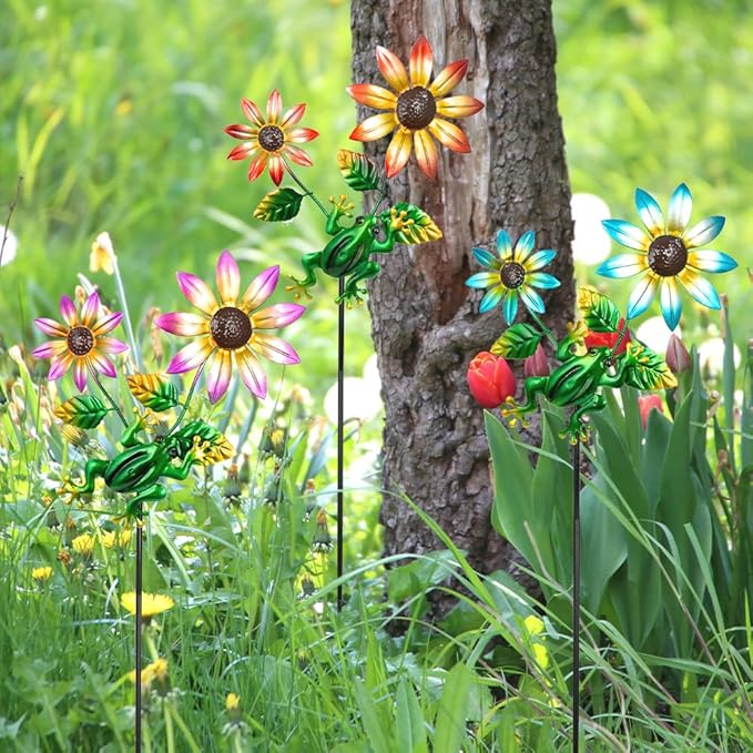 3 Pack Frog＆Flowers Garden Stakes Decor,Metal Yard Art Decorative Garden Stakes,Metal Flowers Spring Outdoor Decor for Mom,Women,Grandma SATHGA