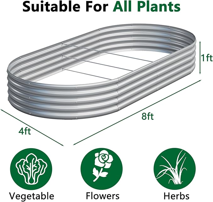 zizin 2 Pack Galvanized Raised Garden Bed Metal Oval Raised Garden Beds Outdoor Planter Box for Vegetables (8x4x1FT, Silver) zizin