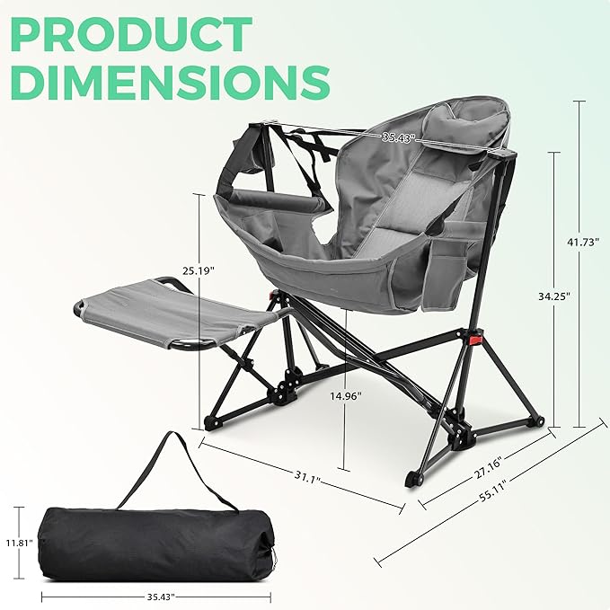 Ainfox Hammock Camping Chair with Footrest, Foldable Portable Rocking Chairs for Adults Outside Swinging Camp with Cup Holder Pillow for Outdoor Patio Poolside (Light Grey) Ainfox