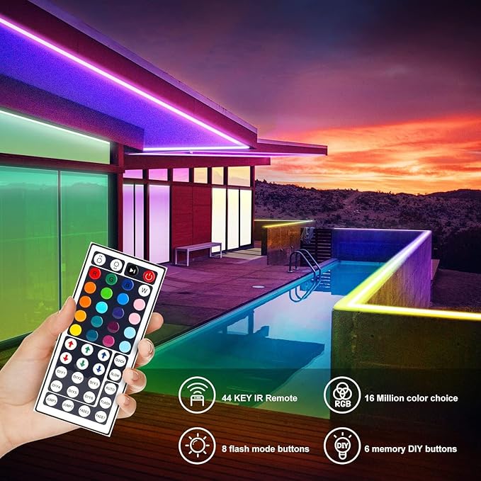 DAYBETTER Waterproof Led Lights for Bedroom, 16.4ft Led Strip Lights, 150 LEDs Color Changing RGB 44 Keys Remote Controller, 12v for Outdoor Room Home Party Christmas Decoration DAYBETTER