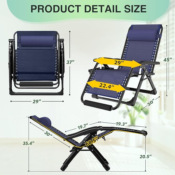 Suteck Oversized Zero Gravity Chair, 29In XL Outdoor Recliner Chair w/Removable Cushion&Headrest, Camping Lounge Chair w/Upgraded Lock&Footrest, Reclining Patio Chairs for Indoor Outdoor,500LBS Suteck