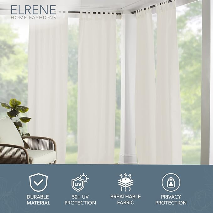 Elrene Home Fashions Matine Weatherproof Tab-Top Indoor/Outdoor Solid Color Curtain Panel for Porch, Pergola, Patio, Deck, 52”W x 84”L, Ivory ElreneHomeFashions