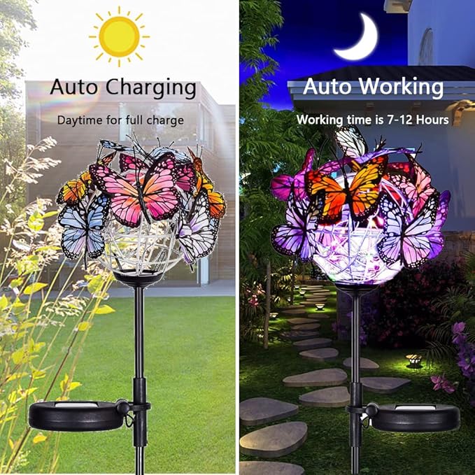 Outdoor Solar Lights 2 Pack, Solar Garden Lights with 18 Butterflies Decoration Outdoor Lamps, Waterproof Butterfly Flower Lights for Patio Yard Lawn Garden Decor, Gifts for Mom Women Weepong