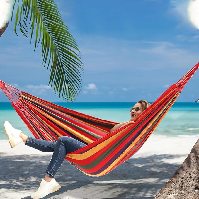 ANYOO Cotton Hammock Portable Camping Hammocks for Hanging Sturdy Garden Comfortable Fabric Hammock with Tree Straps Up to 660lbs with Travel Bag for Camping Outdoor/Indoor Patio Backyard Anyoo