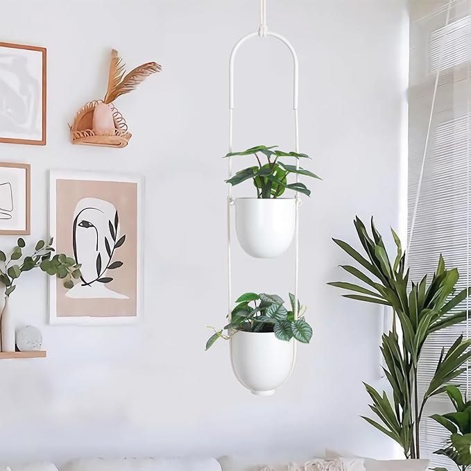 Hanging Planters 2 Tiers Metal Plant Hangers for Indoor Outdoor Plants Wall Ceiling Hanging Flower Pot Basket Holders Kitchen Room Decor(White) ABETREE