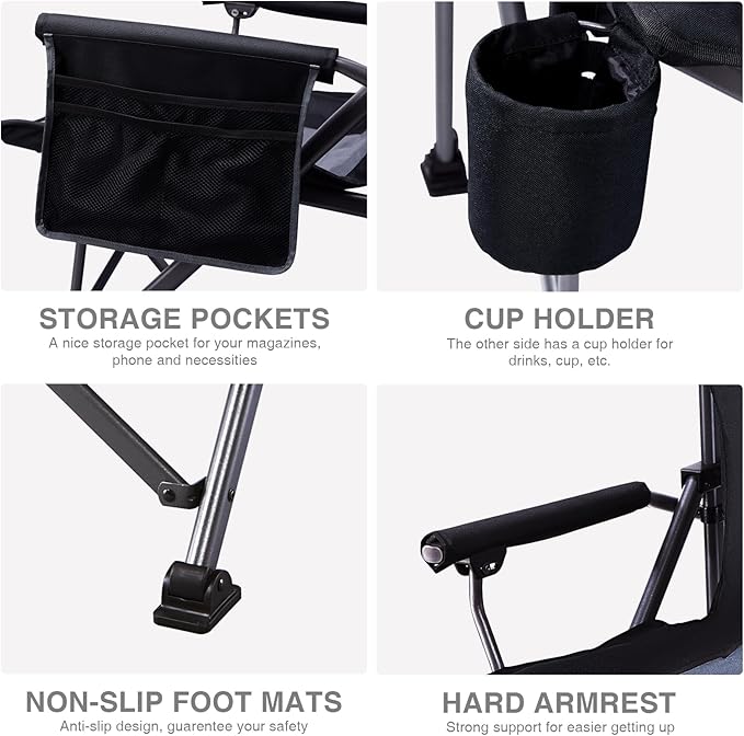 EVER ADVANCED Oversized Folding Camping Chair for Adults, Heavy Duty Lawn Chair with Side Pockets, Portable Collapsible Quad Chair for Outside, Support Up to 500lbs, Black 2PACK EVERADVANCED