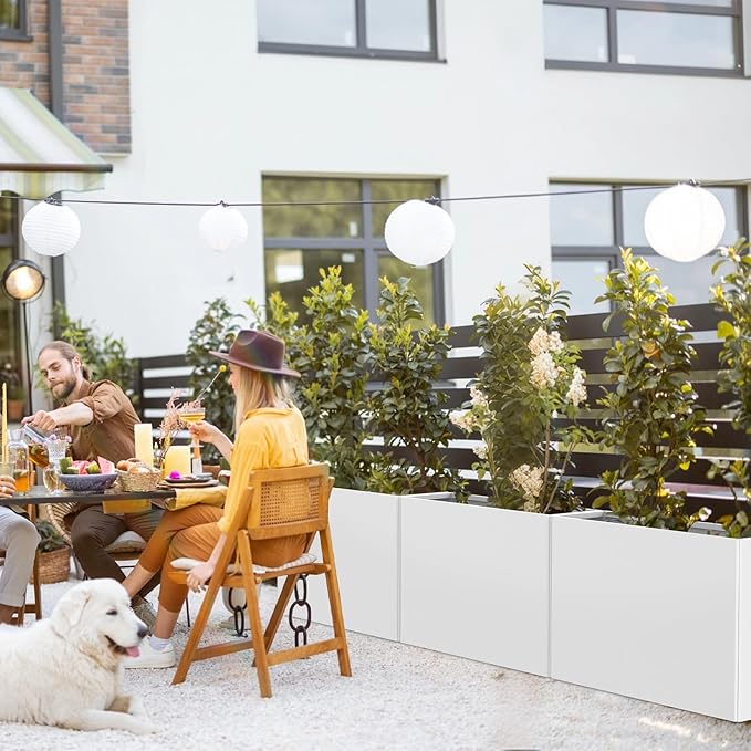 Heavy-Duty Galvanized Steel Planter with Removable Insert Shelf & 4 Drainage Holes - 32x12x24 Inches Large Size Outdoor/Indoor Garden Pot, White Ganeekiron