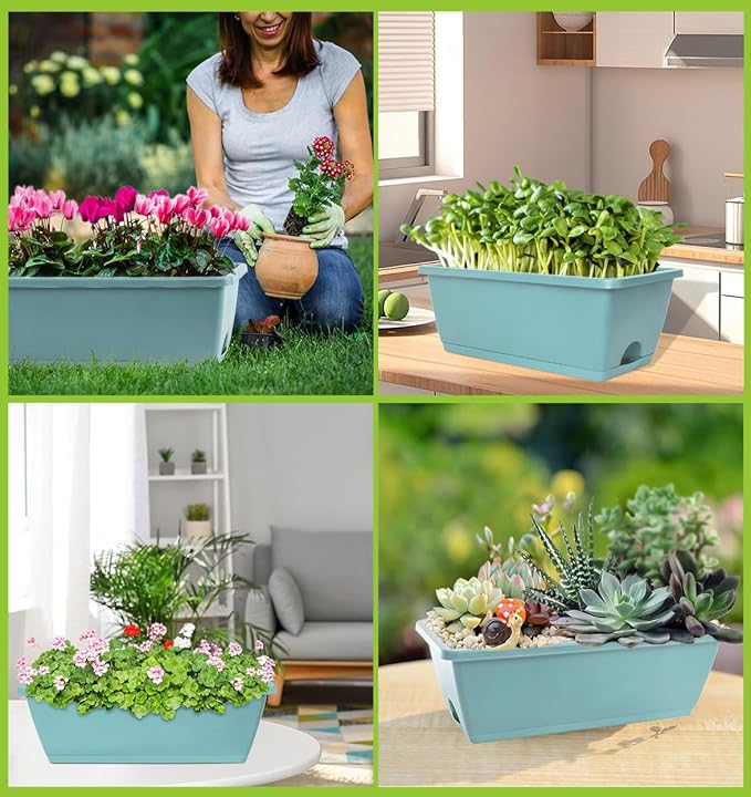Window Box Planter, 7 Pack Plastic Vegetable Flower Planters Boxes 17 Inches Rectangular Flower Pots with Saucers for Indoor Outdoor Garden, Patio, Home Decor LOCONHA