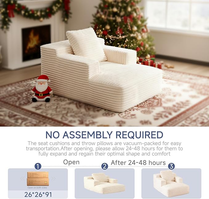 45'' Chaise Lounge Chair Indoor, Corduroy Upholstered Boneless Sofa Bed, Deep Seat Sleeper Couch Reading Chairs, Small Comfy Cloud Sofas Couches for Living Room, Bedroom, Movie Room (Beige) sonovafurn