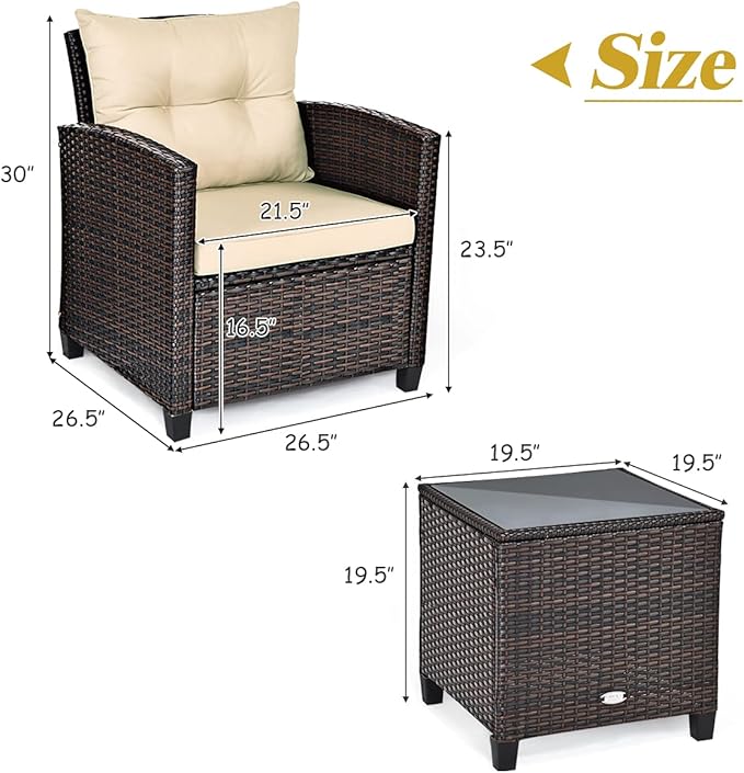 Tangkula 3 Pieces Patio Furniture Set, PE Rattan Wicker 3 Pcs Outdoor Sofa Set w/Washable Cushion and Tempered Glass Tabletop, Conversation Furniture for Garden Poolside Balcony (Beige) TANGKULA