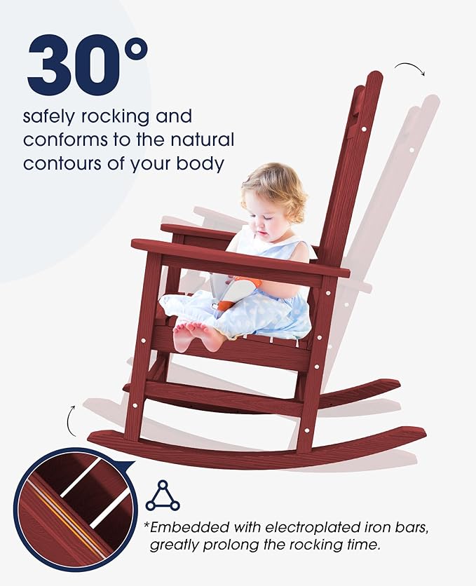 KINGYES Oversized Outdoor Rocking Chair Set of 2, All-Weather Patio Rocking Chairs for Porch, HDPE Outdoor Patio Rockers with High Back & Wide Seat for Garden, Lawn, Red KINGYES