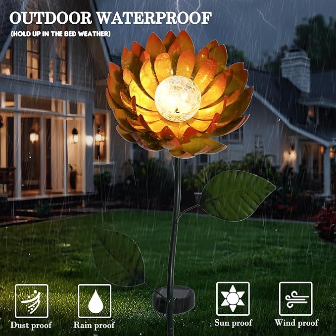 VCUTEKA Solar Garden Lights Metal Flower Decor Colorful Yellow Flowers Solar Pathway Light with LED Cracked Crystal Ball Outdoor Decorative Stake for Patio Yard Lawn VCUTEKA
