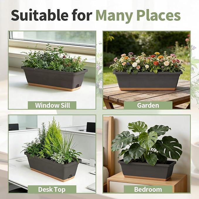 Window Box Planter, 6 Pack Plastic Vegetable Flower Window Planters Boxes 16 Inches Rectangular Flower Pots with Drainage Holes and Saucers (Grey) LesOasis