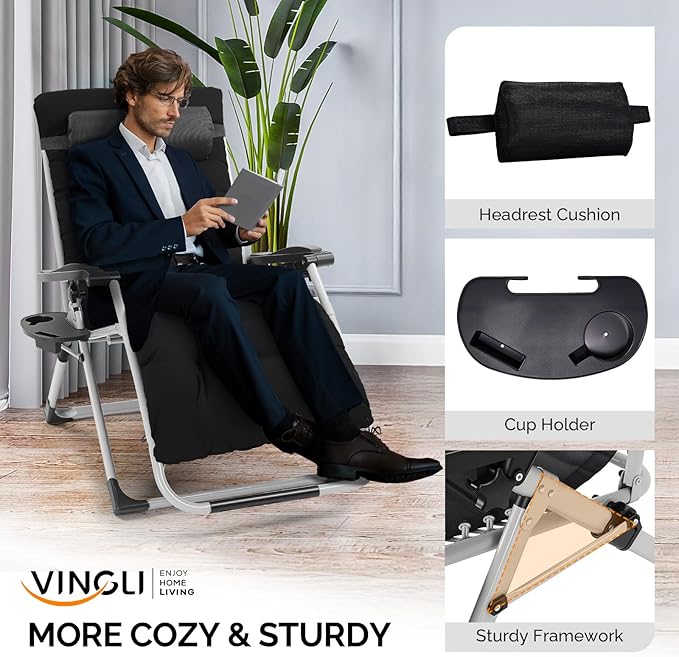 VINGLI 29" Padded Zero Gravity Chair, Lounge Chair with Removable Cushion & Tray， Folding Reclining Patio Chairs， Recliner Chair for Lawn，Indoor Outdoor-Black VINGLI