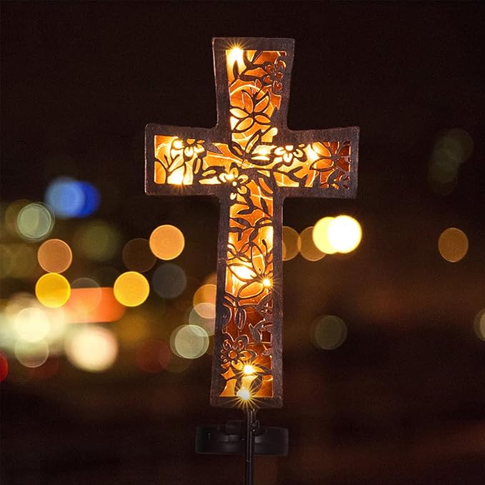 Solar Cross Garden Stake Lights 38inch Metal Outdoor Waterproof Memorial Garden Decor 2 Lighting Modes Cemetery Decorations for Grave for Remembrance Gifts & Sympathy Gifts HUYIENO