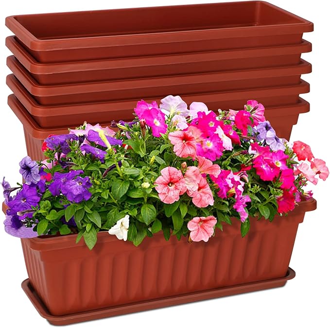 6 Packs Window Box Planter, 17 Inches Flower Window Box Rectangular Plastic Vegetable Planters with Trays for Windowsill, Patio, Garden, Balcony, Brick Red OSMOFUZE