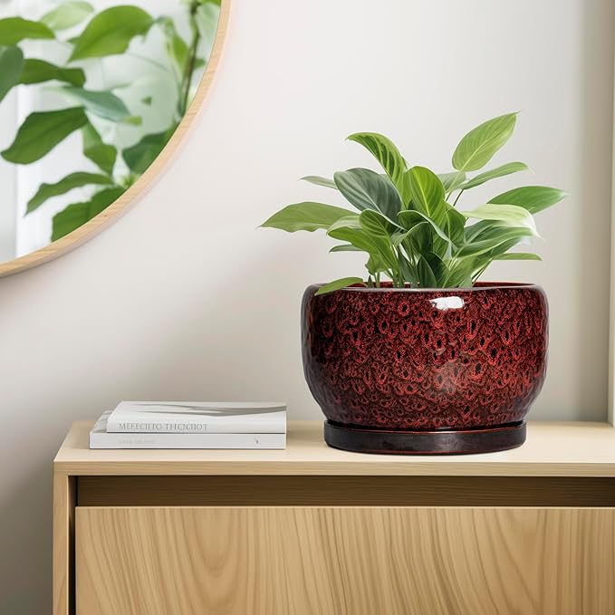 SQOWL Ceramic Flower Pots - 10 Inch Plant Pot Indoor, Ceramic Planter with Drainage Hole and Saucer, Round Decorative Large Planter Outdoor, Home Decor Living Room, Gifts for Plant Lovers, Red SQOWL