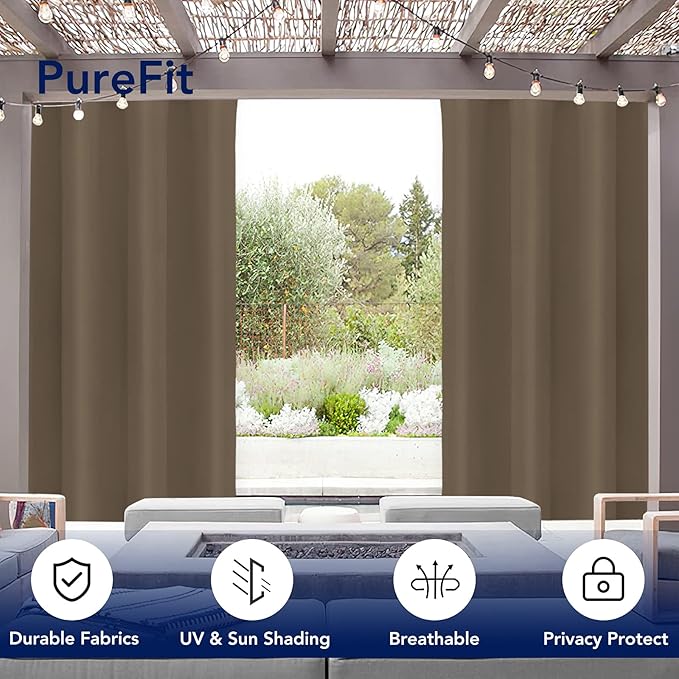 PureFit Outdoor Curtains for Patio Waterproof Weatherproof, UV Resistant Outside Curtains for Gazebo, Front Porch, Pergola, Sun Blocking Privacy Curtain, 52W x 120L inch, 1 Panel, Camel PureFit