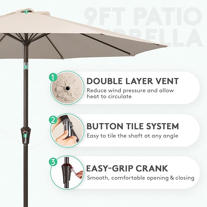 JEAREY 9FT Outdoor Patio Umbrella Outdoor Table Umbrella with Push Button Tilt and Crank, Market Umbrella 8 Sturdy Ribs UV Protection Waterproof for Garden, Deck, Backyard, Pool (Beige) JEAREYOutdoorsCollection