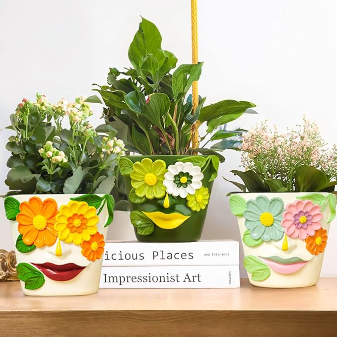 GUGUGO 8 Inch Large Flower Face Planters, Abstract Unique Head Plant Pot with Drainage, Rainbow Colorful Cute Flower Plant Pots for Indoor Plants, Funny Gardening Pot Gift Home Décor, Orange&Yellow GUGUGOHOMEDECOR