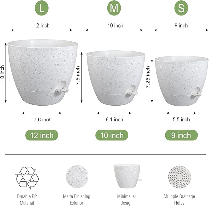 Large Self Watering Pots, 12/10/9 Plastic Planters with High Drainage Holes and Deep Reservoir for Indoor Outdoor Garden Plants and Flowers, White Speckles UOUZ