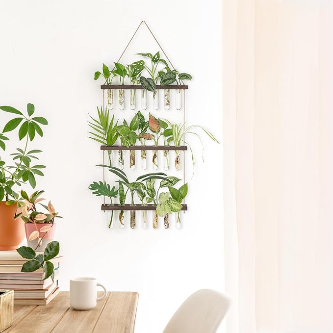 Mkono Plant Propagation Tubes, 3 Tiered Wall Hanging Terrarium with Wooden Stand & 21 Test Tube Vases for Hydroponic Plant Cutting & Home/Office Decor Mkono
