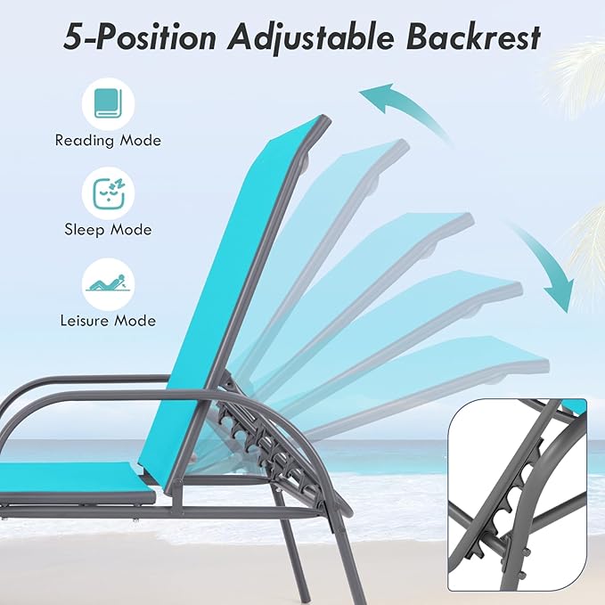 Giantex Patio Lounge Chair, Outdoor Chaise Lounge with 5 Adjustable Backrest, Sturdy Steel Frame, Sunbathing Recliner, Tanning Chair for Beach, Outside, Yard, Balcony, Pool Chairs (1,Turquoise) Giantex