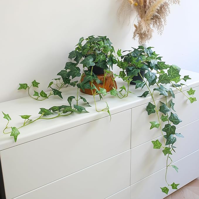 Fake English Ivy Plants in Pots Set of 2 – Realistic Artificial Ivy Greenery for Home Decor, Tabletop, Office, Shelf, Balcony or Bathroom – Lifelike Faux Hanging Vines, No Maintenance Required ALYPTUS