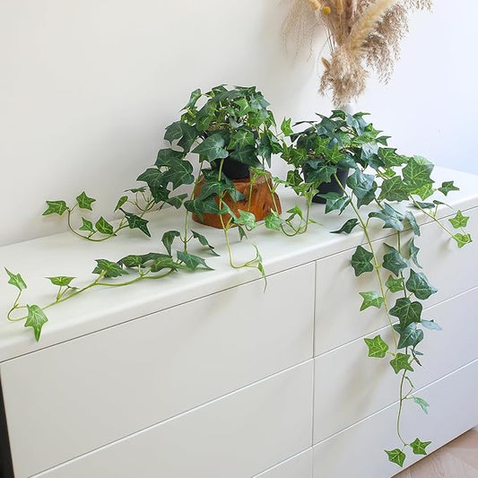 Fake English Ivy Plants in Pots Set of 2 – Realistic Artificial Ivy Greenery for Home Decor, Tabletop, Office, Shelf, Balcony or Bathroom – Lifelike Faux Hanging Vines, No Maintenance Required ALYPTUS