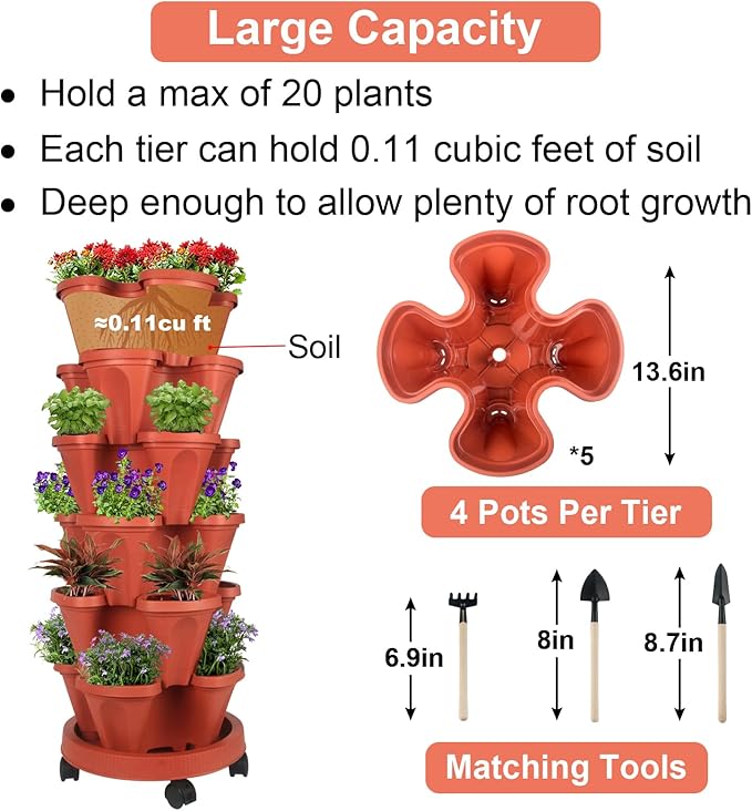 GameXcel Vertical Planter 6 Tier Stackable Planters Garden Planters Strawberry Herb Flower and Vegetable Planter Indoor Outdoor Gardening Pots with Removable Wheels and Tools GameXcel