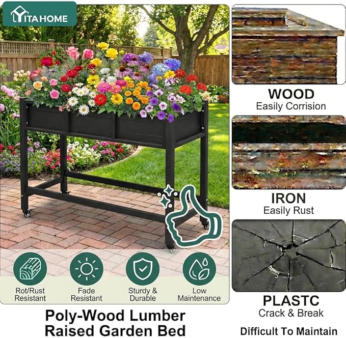 YITAHOME Raised Garden Bed HDPE, 47x18x31 in Raised Planter Box with Legs Poly-Wood Weather-Resistant Elevated Planter Box with Lockable Wheels for Vegetables, Herb Garden Bed, Black YITAHOME