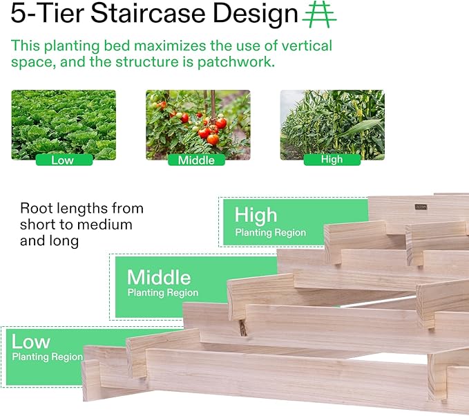 VIVOSUN 5-Tier Wooden Raised Garden Bed, 42 x 42 x 14 Inches, Outdoor Wood Planter Box with Gloves and Liner for Garden, Patio, Balcony, Backyard and Outdoors VIVOSUN