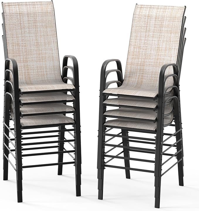 VINGLI Outdoor Bar Chairs Set of 8 – Stackable Outdoor Bar Stools with Sturdy Sling High Back and Armrests for Lawn, Courtyard, Garden, Bar, Yellow VINGLI