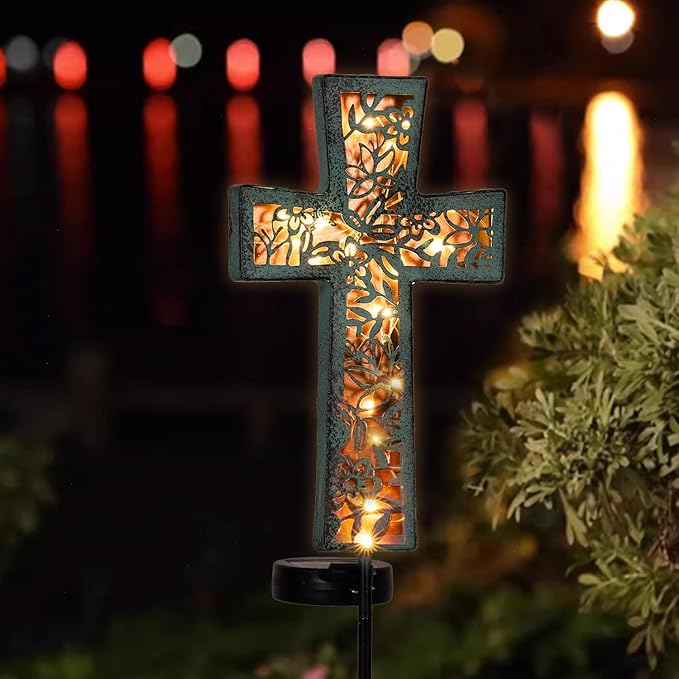 Solar Cross Garden Stake Lights 38inch Outdoor Waterproof Memorial Garden Decor 2 Lighting Modes Cemetery Decorations for Grave for Remembrance Gifts & Sympathy Gifts (Blue Cross) HUYIENO