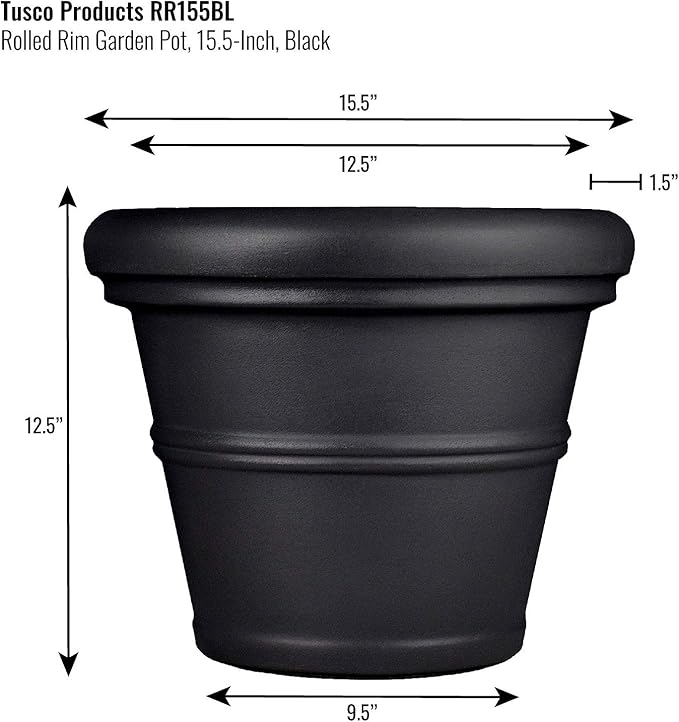 Tusco Products RR155BK Classic Rolled Rim Garden Planter, 15.5", Black TuscoProducts