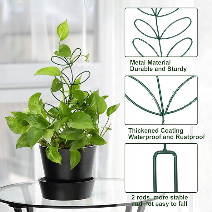 AUGSUN 2 Packs Plant Trellis Garden Trellis Plant Stakes Trellis for Climbing Plants Indoor Plants Metal Leaf Shape Plant Support for Houseplants with 50 Ties Plant Lover Gift (Green) AUGSUN